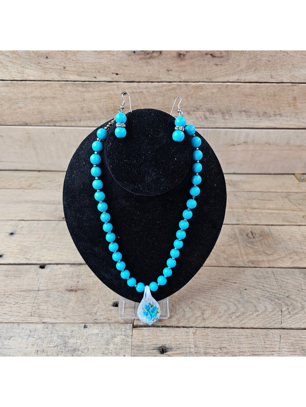 Turquoise Blue Beaded Necklace & Drop Earring Set with Floral Glass Pendant